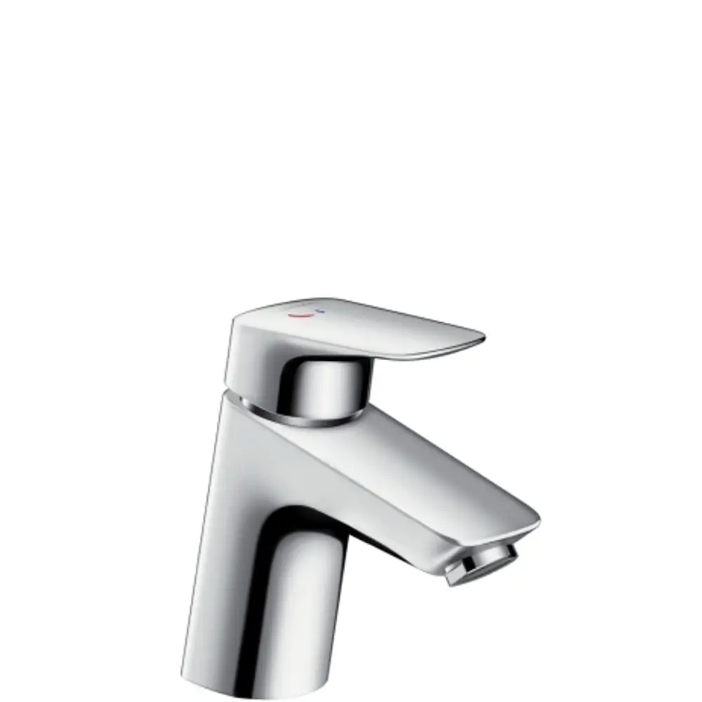 Einhebel-Waschtischmischer aus Chrom von Hansgrohe mit flachem Auslauf und Bedienhebel, ausgestattet mit Zugstangen-Ablaufgarnitur.